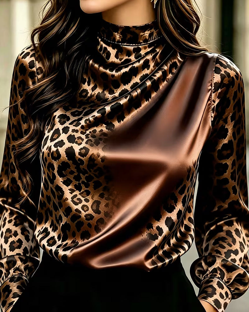 Bluse Mock Hals Leopard Kontrast Drapering