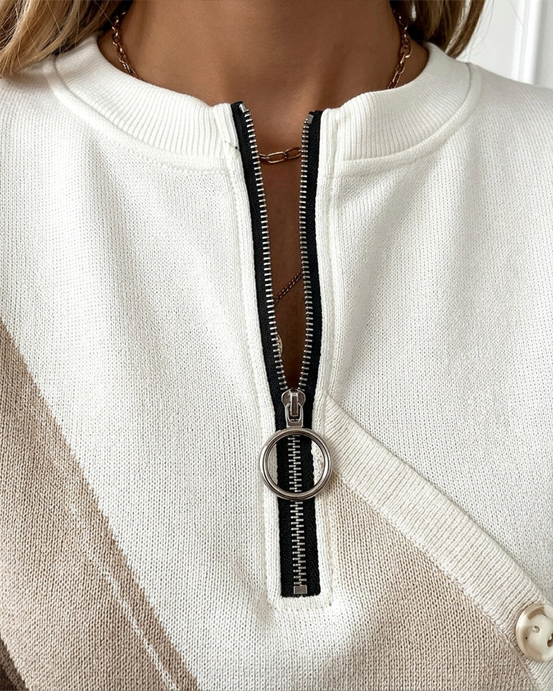 Sweatshirt Fargeblokk Twill Knapp Halv-Glidelås