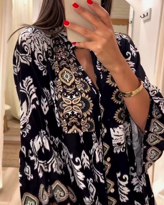 Vintage løs kjole med trykk og plissert