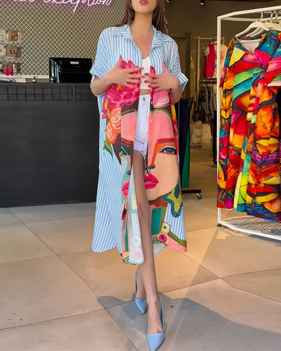 Vertikal stripete jakkeslagsbluse med karaktertrykk