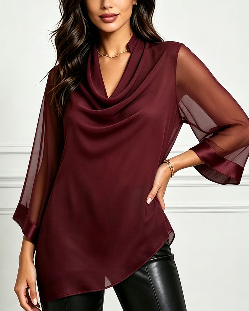 Bluse Cowl Neck Uregelmessig Solid Sheer