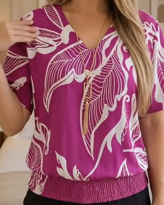 Bluse Blomstertrykk Strikk Kant Kortermet