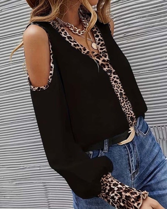 Bluse Off-Skulder Leopard Patchwork Lang Erme
