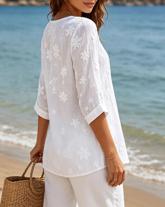 Bluse Knapp Foran Rynket Blomstret Solid