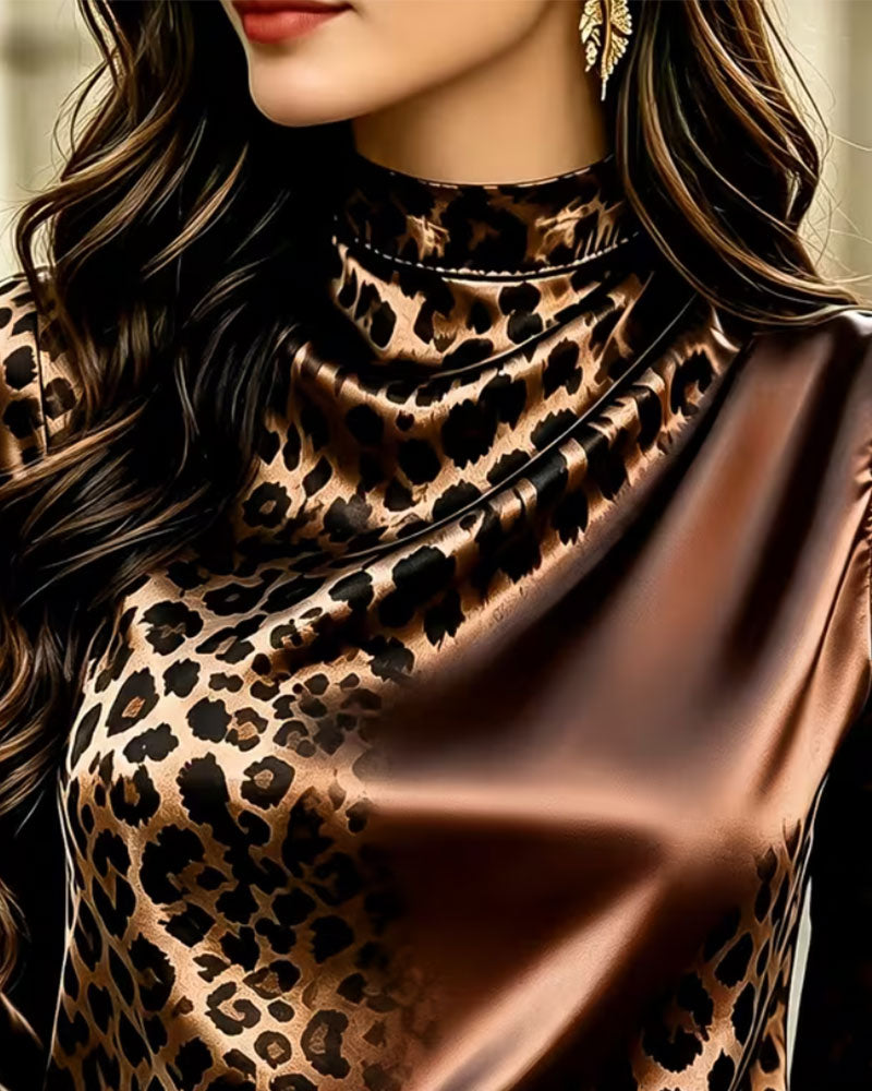 Bluse Mock Hals Leopard Kontrast Drapering