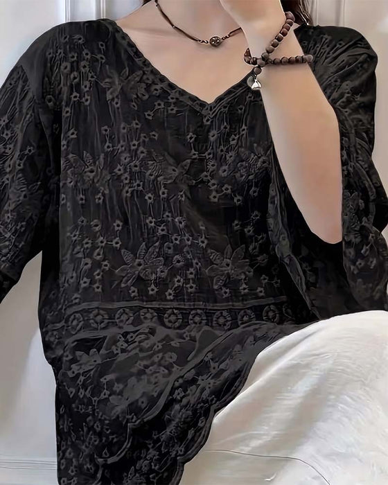 Bluse Kort Erme Blonder Trim