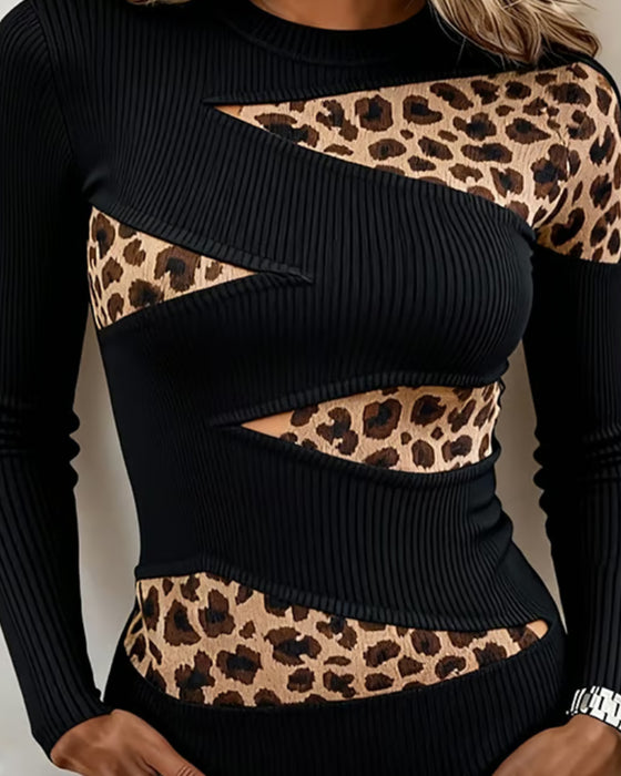 T-Shirt Rundhalset Leopard Patchwork