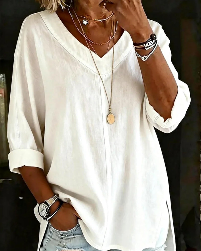 Topp 100% Bomull V-Hals Trekvart Erme Splitt