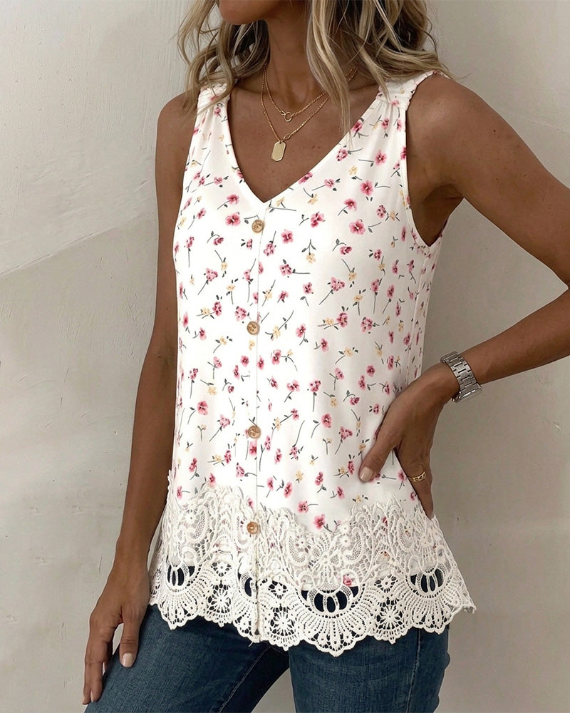 Tank Top V-Hals Spagettistrap Blomstrende Blonder Patchwork