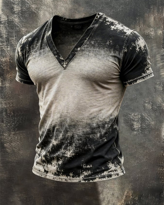 Retro Herretop Med Slitt Utseende, Fargeblokkdesign, V-Hals Og Korte Ermer