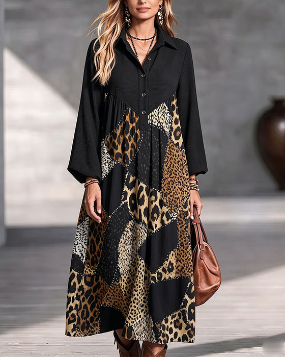 Kjole Leopard Fargeblokk Slag Lang Erme