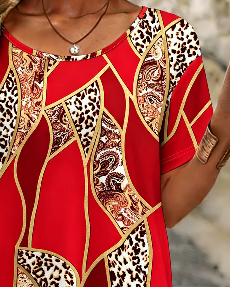 T-Shirt Uregelmessig Geometrisk Leopard Trykk