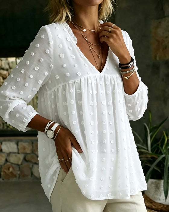 Bluse V-Hals Lang Erme Plissert