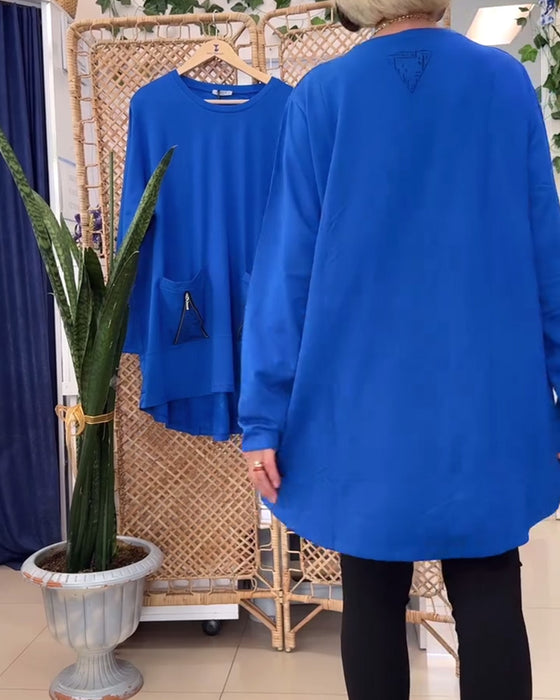 Genser med rund hals ensfarget glidelåslomme