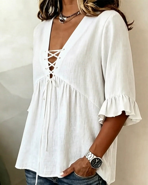 Bluse Ensfarget V-Hals Rysj