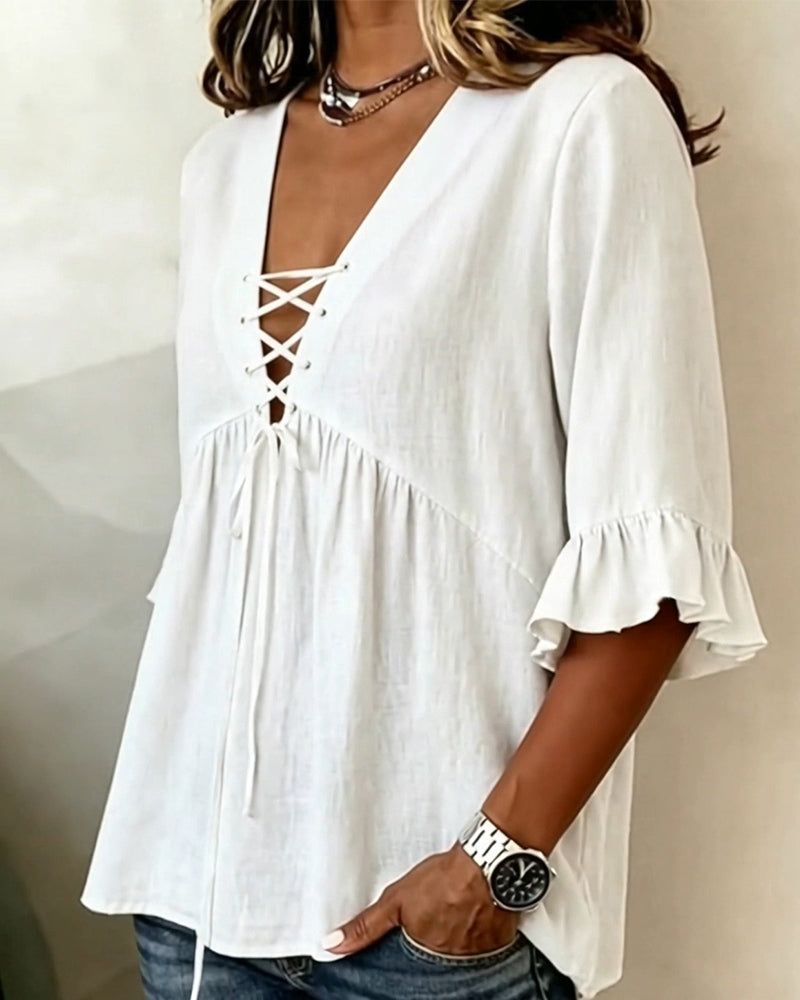 Bluse Ensfarget V-Hals Rysj