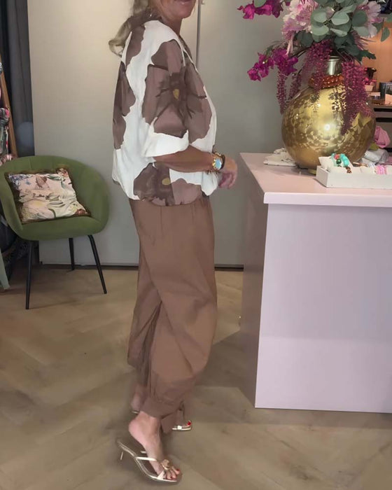 Bluse V-Hals Blomstret Halvlang Erme Avslappet