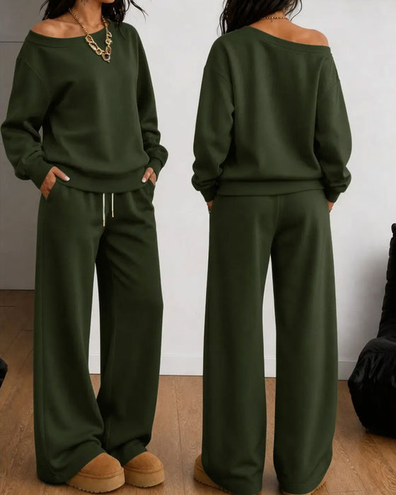Sett En Skulder Casual Sweatshirt Lange Bukser