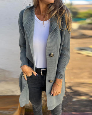 Uformell ensfarget cardigan med hette med knapplomme