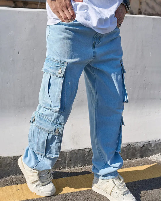 Jeans Herre Løs Solid Klaff Lomme Cargo Denim