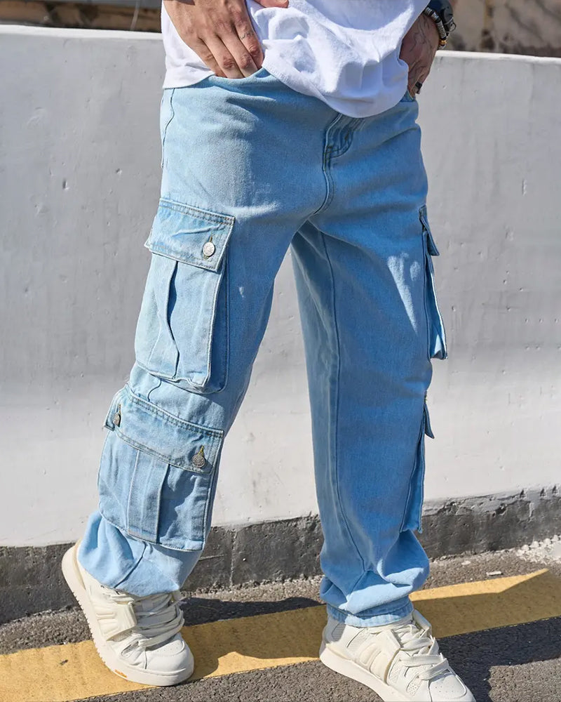 Jeans Herre Løs Solid Klaff Lomme Cargo Denim