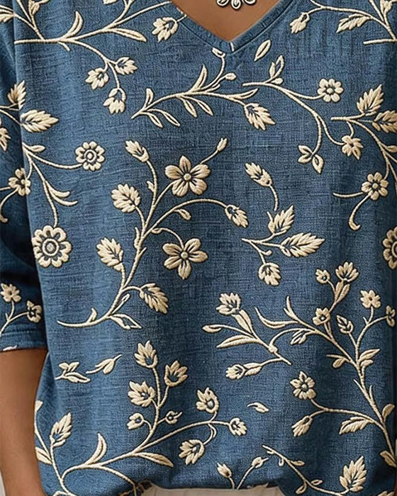 Bluse V-Utringning Halv Erme Blomstret