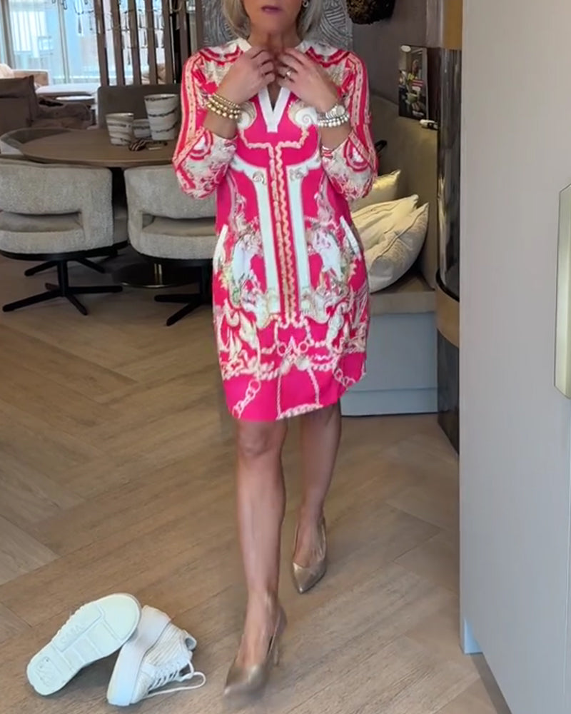 Kjole V-Hals Trekvart Erme Trykt Rett