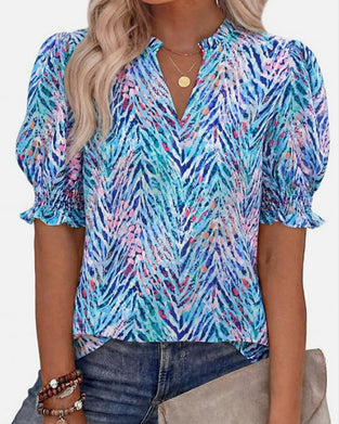 Bluse Blomstret Puff Kort Erme