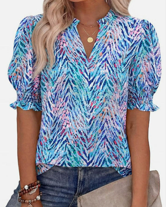 Bluse Blomstret Puff Kort Erme