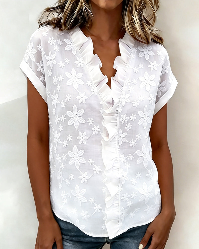 Bluse Kortsermet Rysje V-Utringning