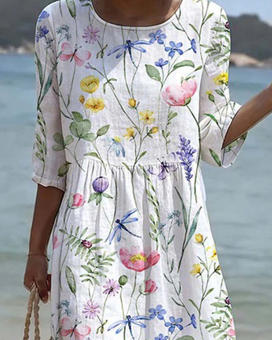 Kjole Kort Erme Blomstret Rundhalset A-Linje