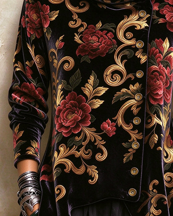 Topp Vintage Blomstret Turtleneck Skråknappet