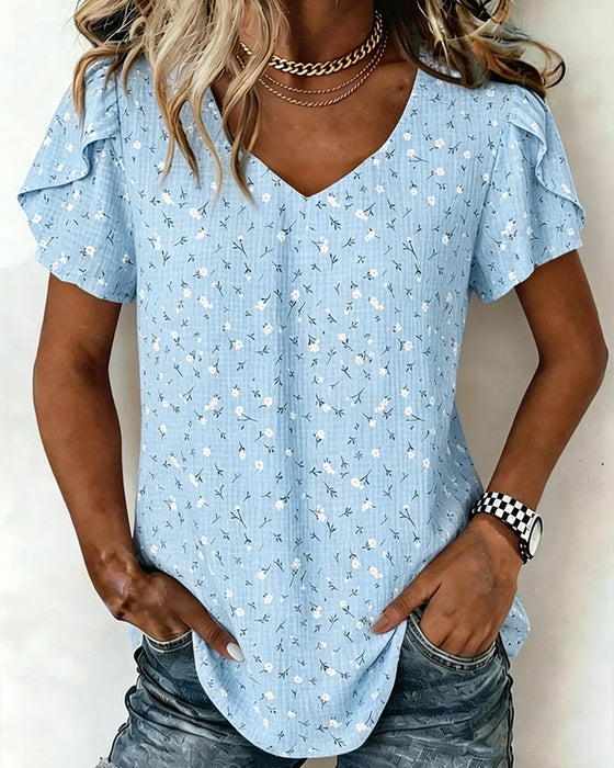 T-Shirt V-Hals Blomstrende Kort Erme