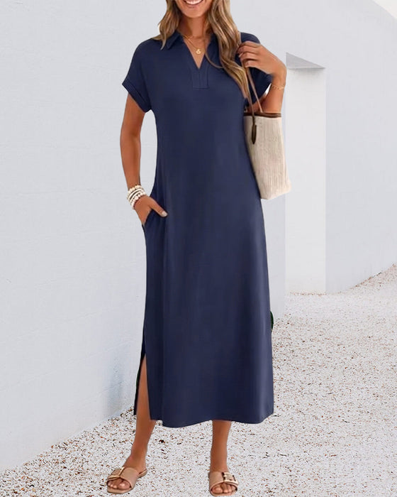 Kjole Polo Krage Spalte Drape Strikket
