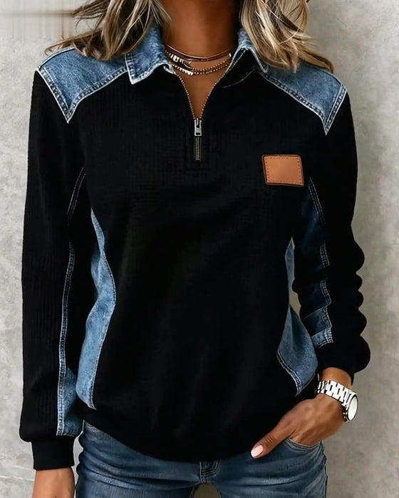 Topp Glidelås Denim Patchwork Slag