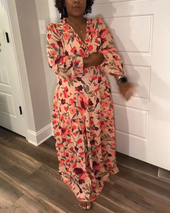 Kjole V-Hals Lang Erm Blomster