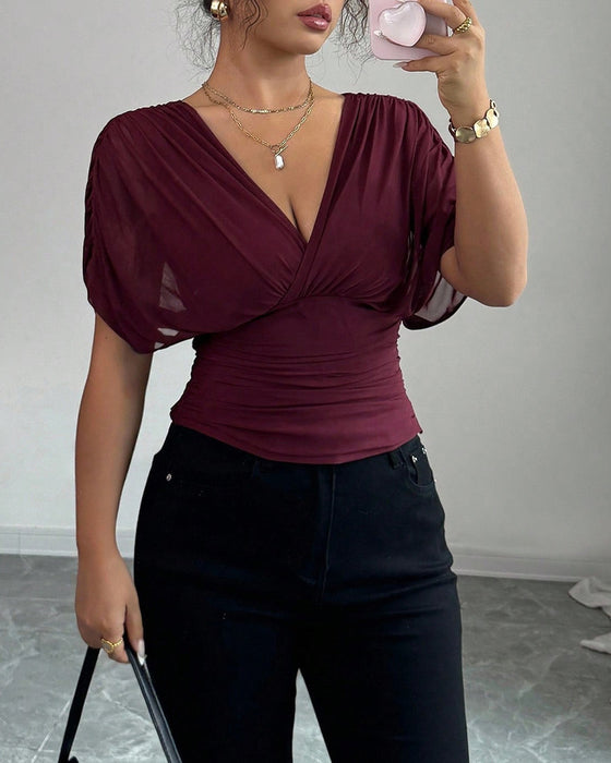 Bluse Solid Farge Dyp V-Hals Midje Kort Erme