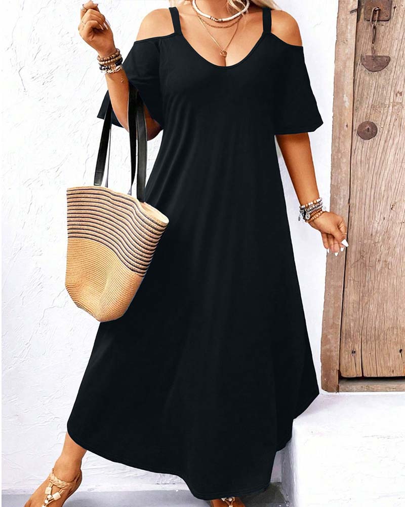 Kjole Ensfarget V-Utringning Off-Shoulder Lang