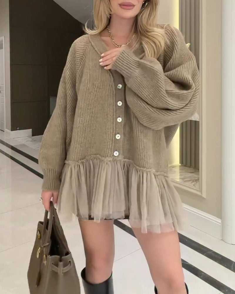 Cardigan V-Hals Mesh Ruffle Patchwork