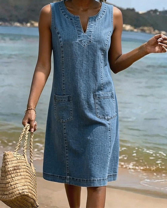 Kjole Denim Petite V-Utringning Ermeløs