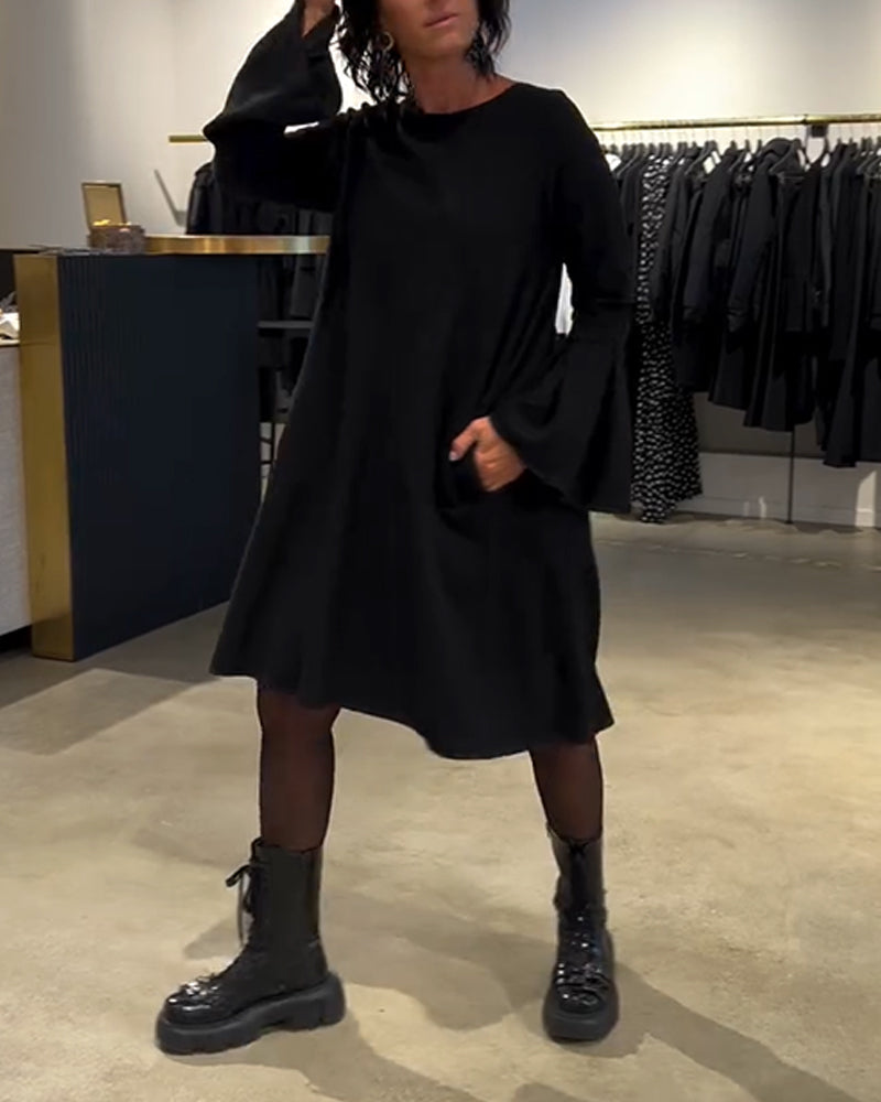 Kjole Ensfarget Flare Erm Rysjet