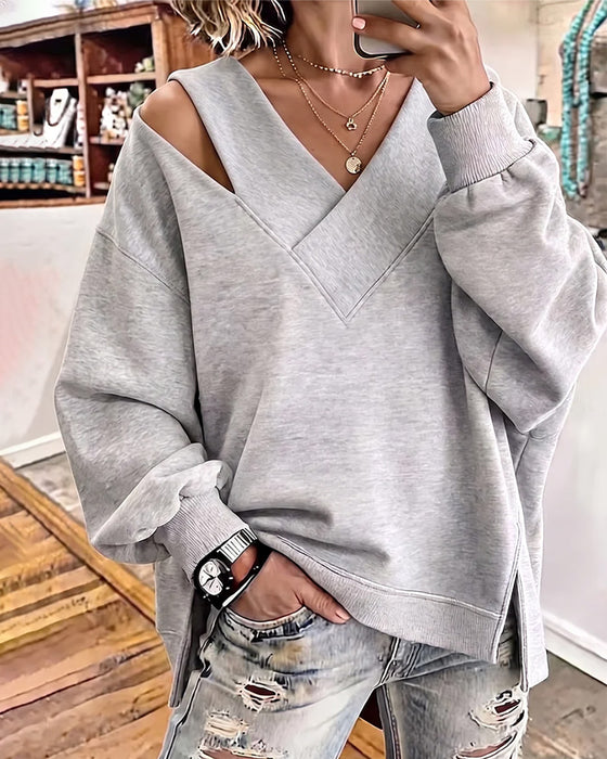 Sweatshirt V-Hals Blott Skulder Asymmetrisk Splitt