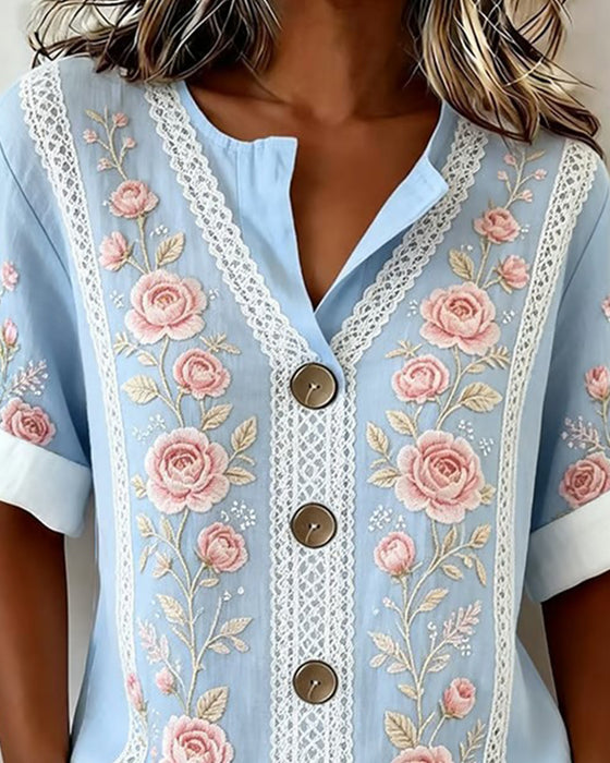 Bluse Rose Treknapp Kortermet