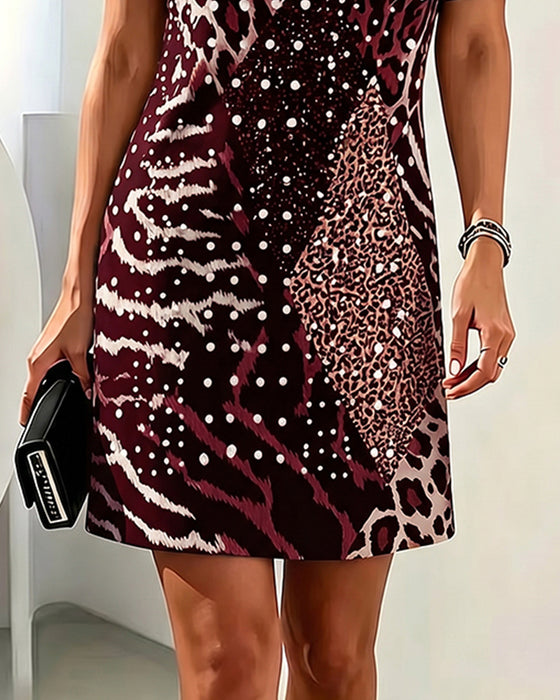 Kjole Leopardmønster Rundhalset Kortermet Patchwork
