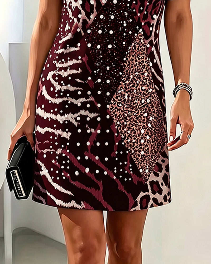 Kjole Leopardmønster Rundhalset Kortermet Patchwork