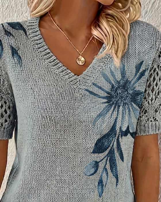 Pullover V-Hals Strikket Blomstret