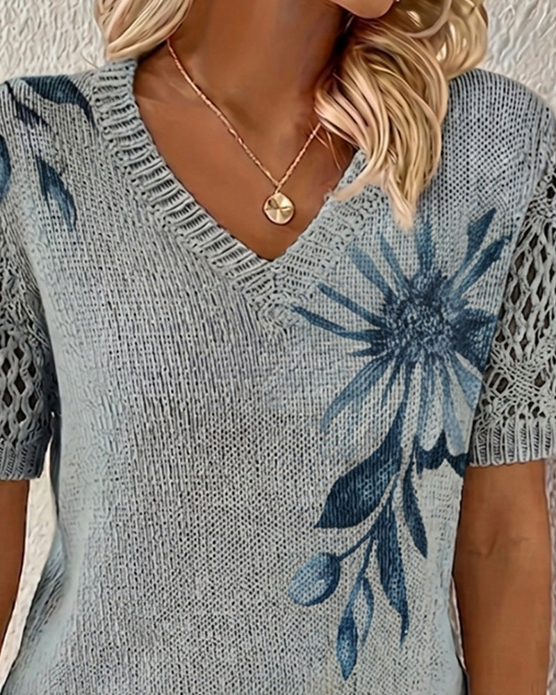 Pullover V-Hals Strikket Blomstret