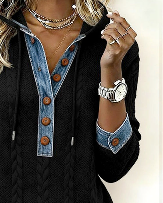 Fargeblokkert Langermet Hettegenser Med Knapper