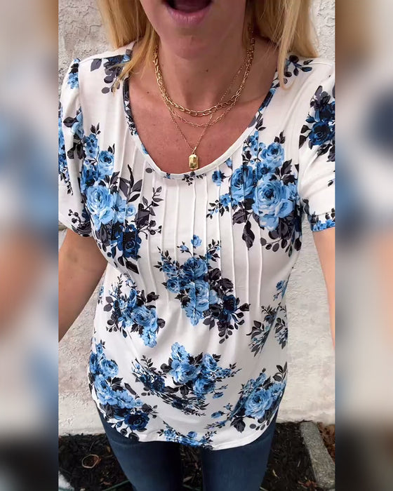 T-Skjorte Med Rund Hals Blomstertrykk Plissért
