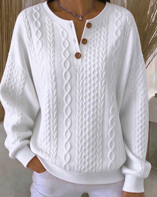 Sweatshirt V-Hals Knappet Flette Ensfarget